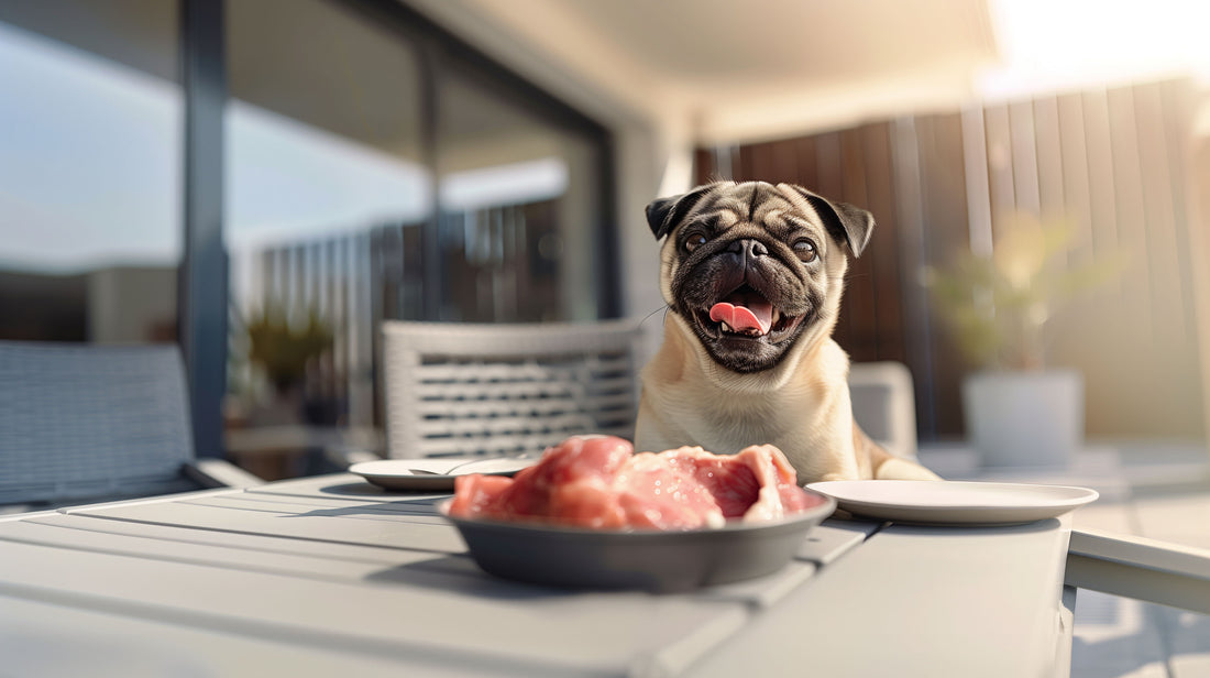 A happy Pug sitting at a table with raw meat in an outdoor dining area. The sunny day and bokeh background enhance the high-quality, wide-angle photo with cinematic lighting.
